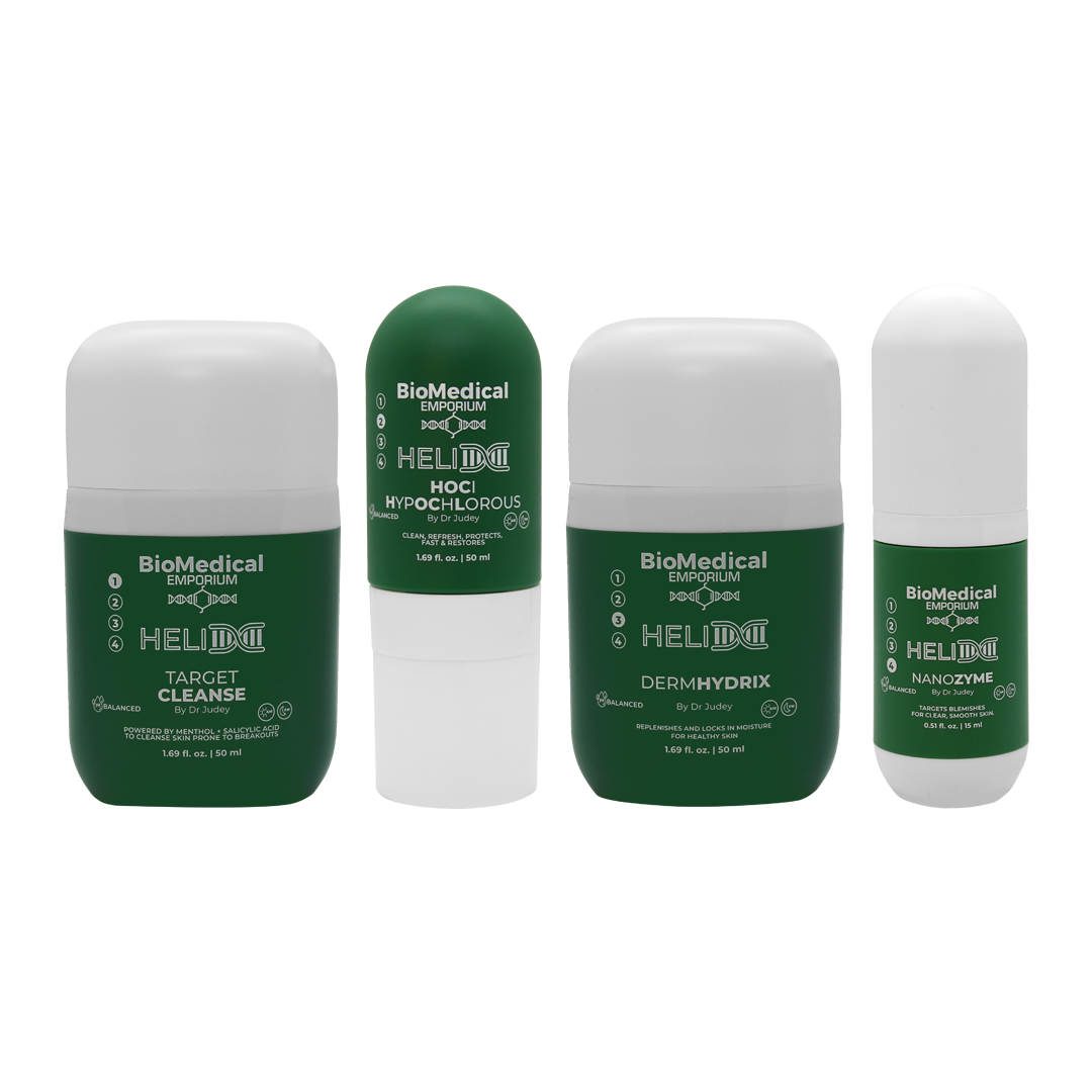 Helix Series 4-step kit — Biomedical Emporium acne-prone skin system with Target Cleanse, HOCl, DermHydrix and NanoZyme