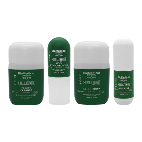 Helix Series 4-step kit — Biomedical Emporium acne-prone skin system with Target Cleanse, HOCl, DermHydrix and NanoZyme