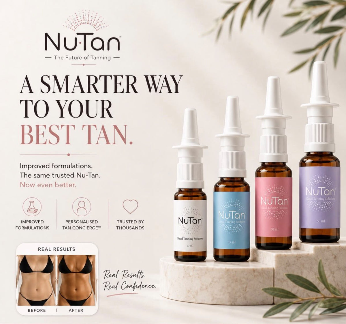 NuTan nasal tanning spray range in 10ml, 17ml, 30ml and 50ml bottles, available at Revive Aesthetic Spa Pretoria